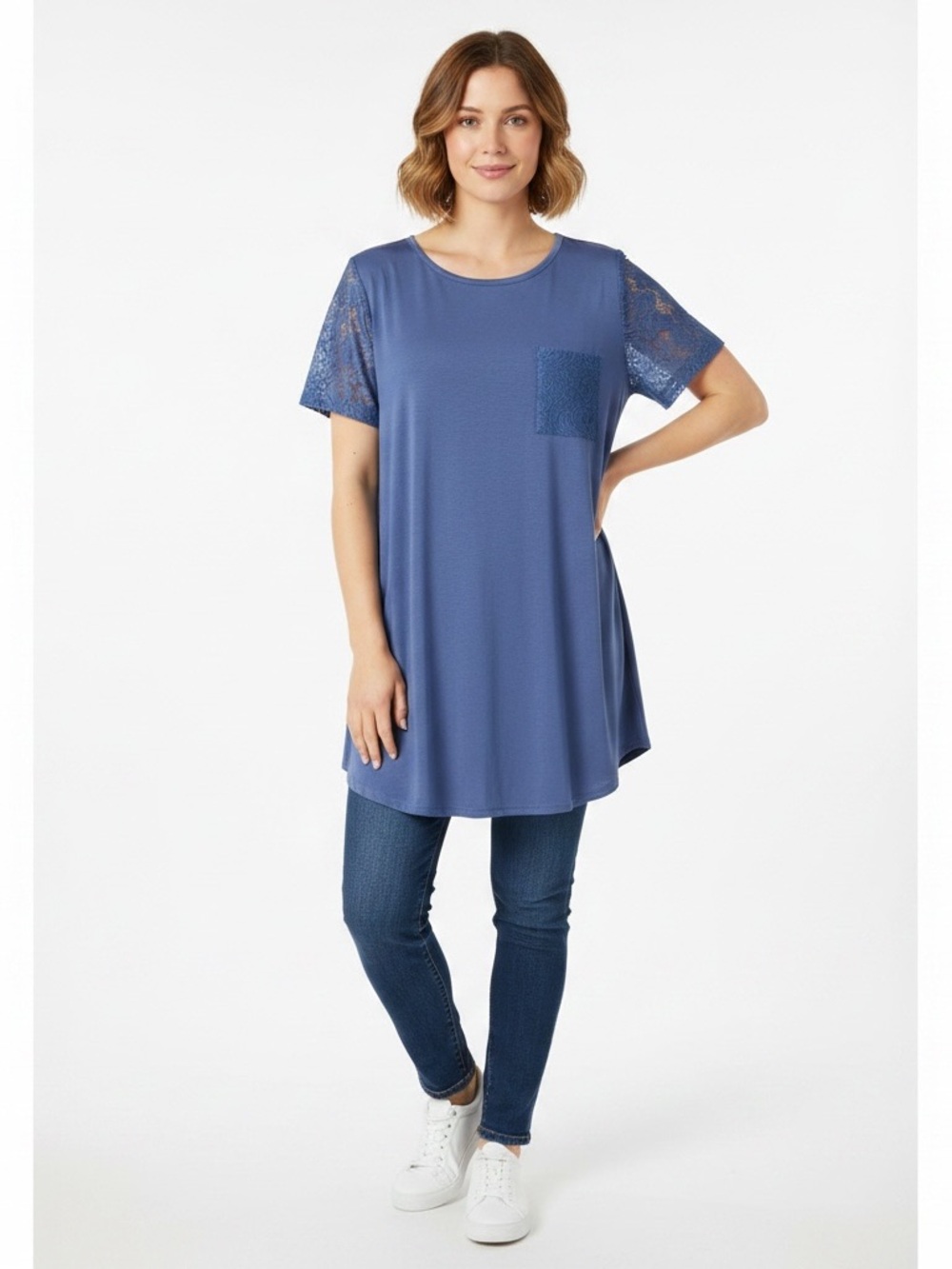 42 Pops NWT Blue Boutique Top With Lace Short Slv & Pocket Rayon, Spandex SZ XL